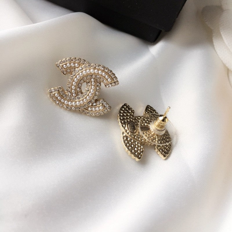18K CC Pearl & Diamond Gold Earrings