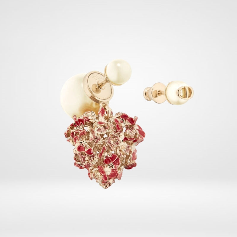 CD Tribales Red Flower Heart Faux Pearl Earrings