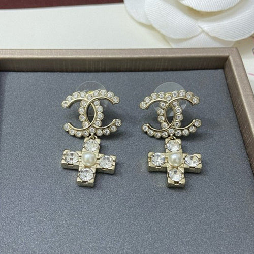 CC Cross Pearl & Diamond Earrings