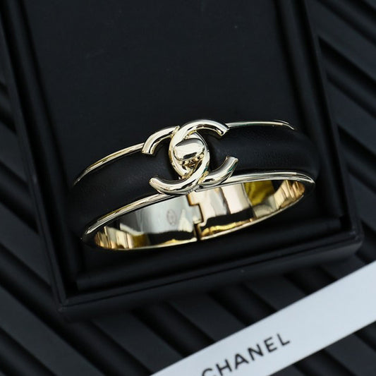 CC Black Leather Gold Bracelet