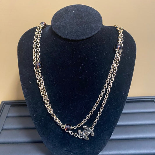 18K CC Purple Crystal Long Gold Necklace