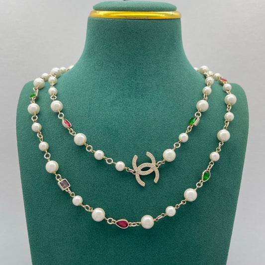 CC Color Crystal Pearl Long Necklace
