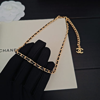 CC Black Leather Gold Chain Necklace