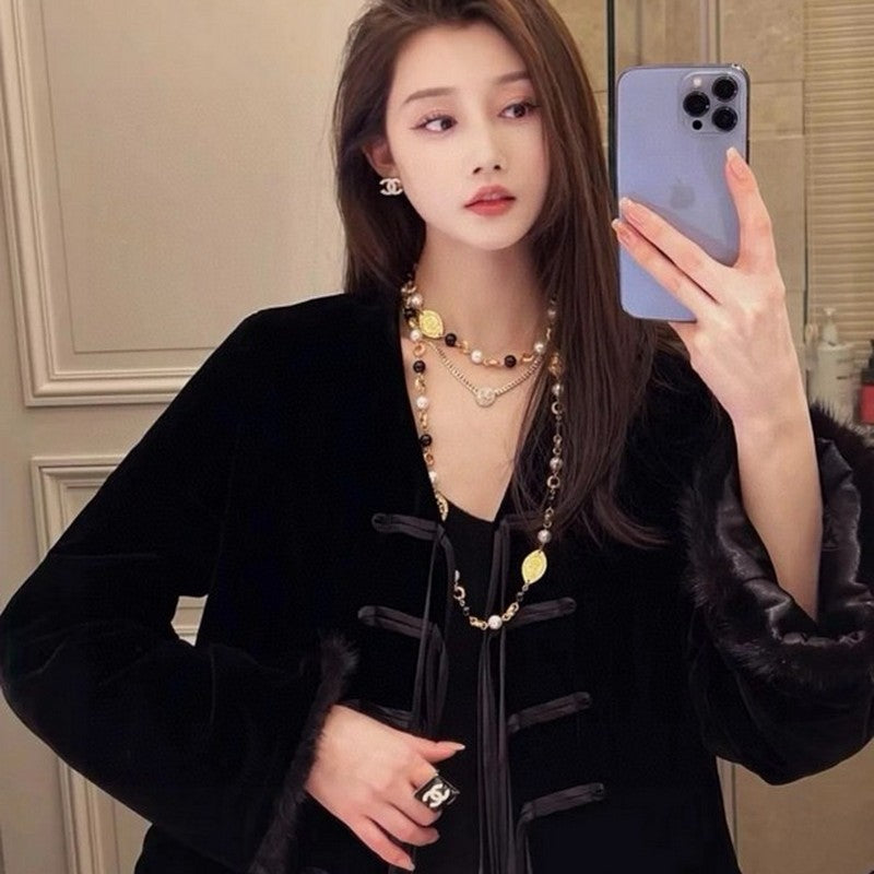 CC Long Black & White Pearls Necklace