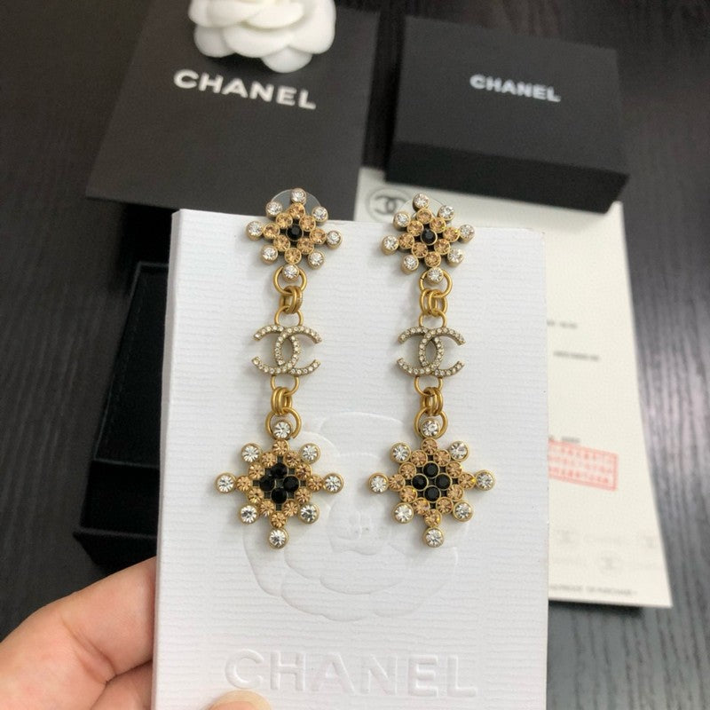 CC Black Gold Flower Long Earrings