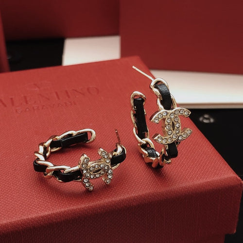 CC Black Leather Gold Earrings