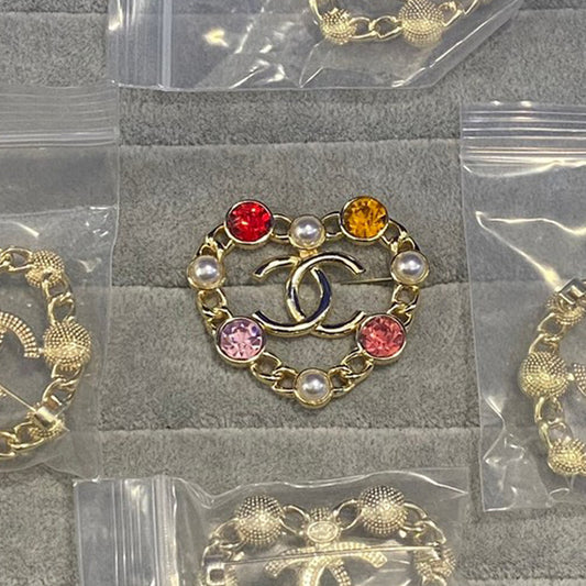 18K CC Color Crystal Heart Gold Brooch