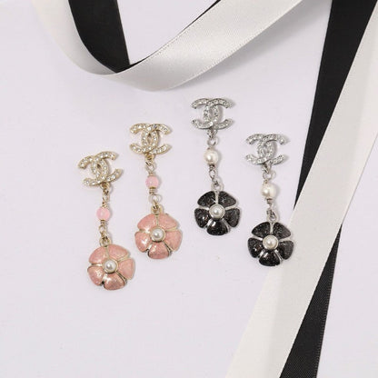 CC Black & Pink Camellia Diamond Long Earrings