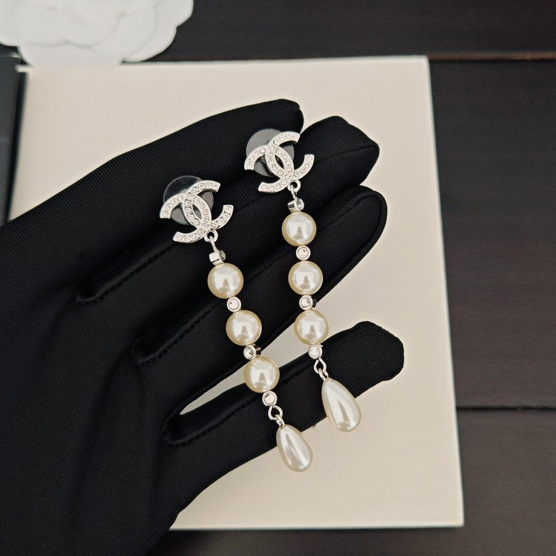 CC Pearl Drop Long Earrings