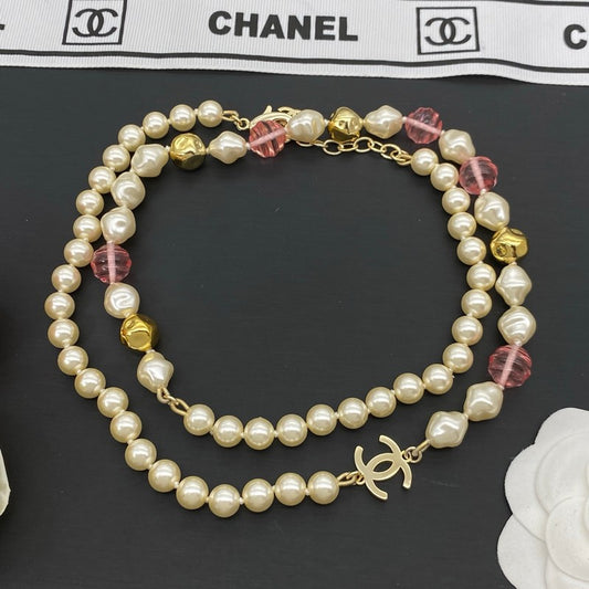 CC Pink & Yellow Bead Pearl Long Necklace