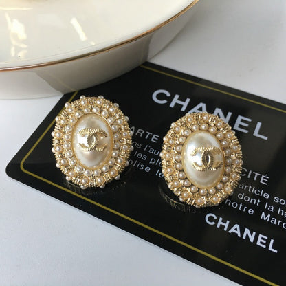18K CC Pearl & Diamond Oval Earrings