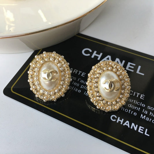18K CC Pearl & Diamond Oval Earrings