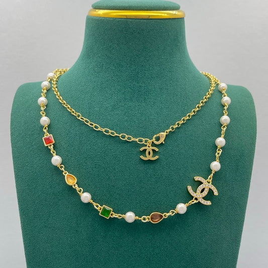 CC Color Crystal Pearl Long Chain Necklace