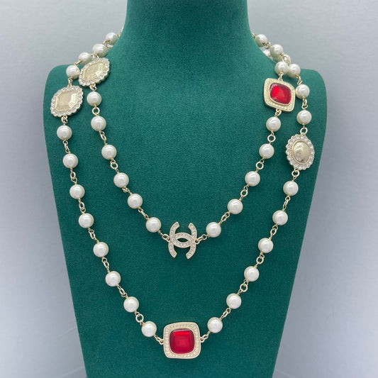 CC Red Crystal Pearl Long Necklace