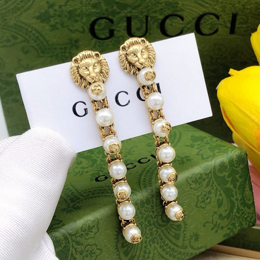 GG Lion Long Pearl Earrings
