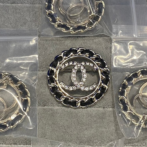 18K CC Leather Diamond Round Brooch