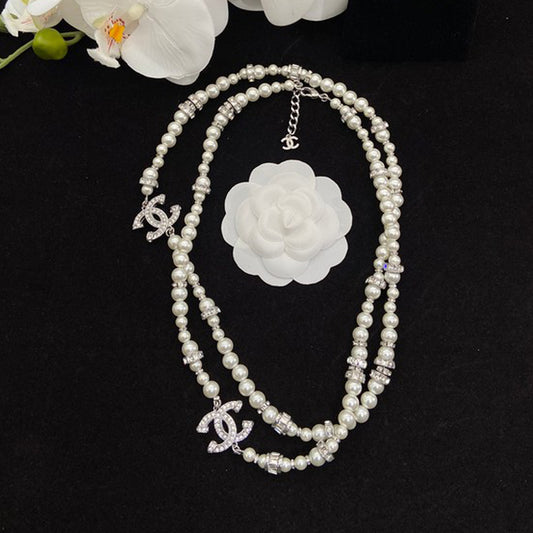 CC White Gold Pearl Long Necklace