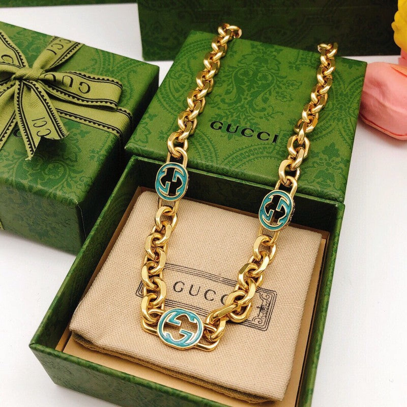 GG Interlocking G Sky Blue Gold Chain Necklace