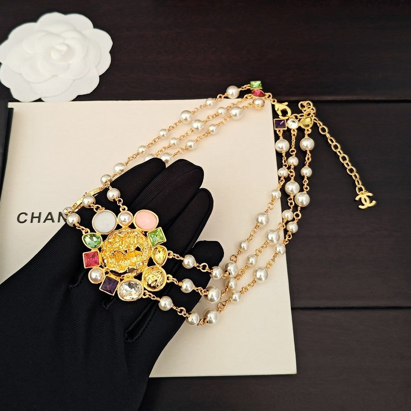 CC Pink Crystal Flower Gold Chain Necklace