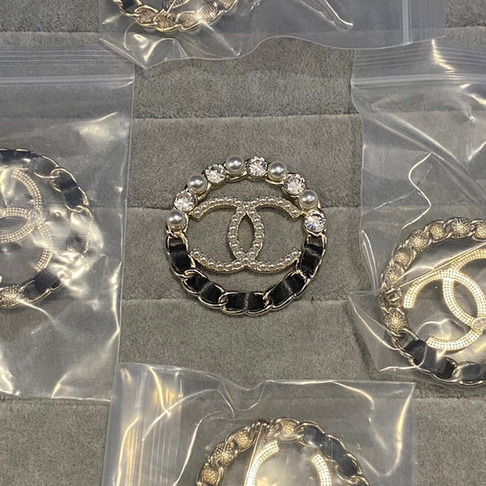 18K CC Diamond & Pearl Leather Brooch