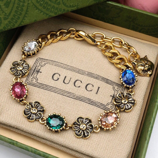 GG Color Crystal Flower Gold Chain Bracelet