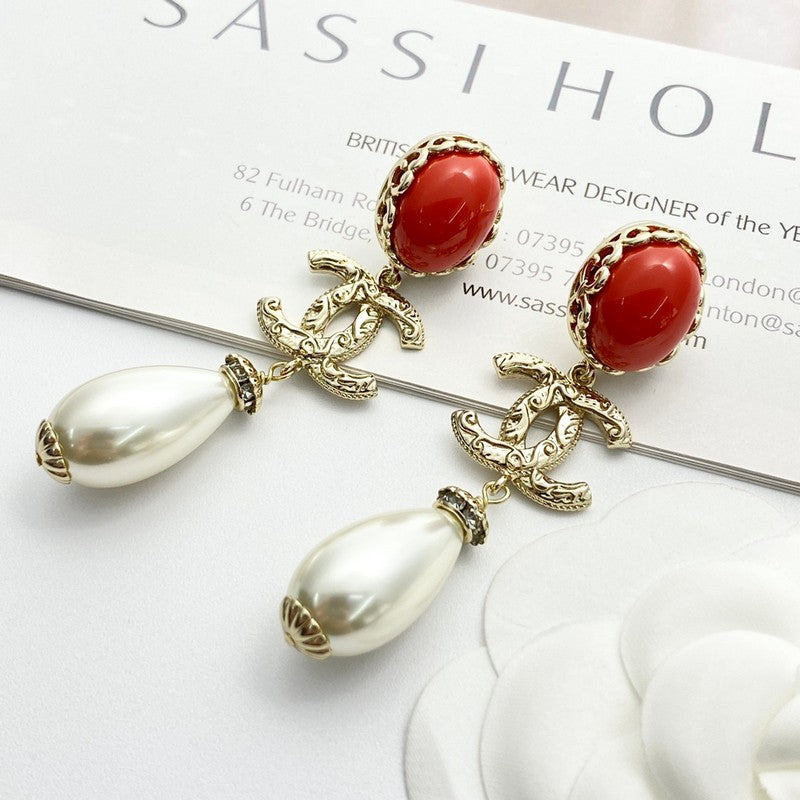 CC 24C Red Pearl Gold Earrings