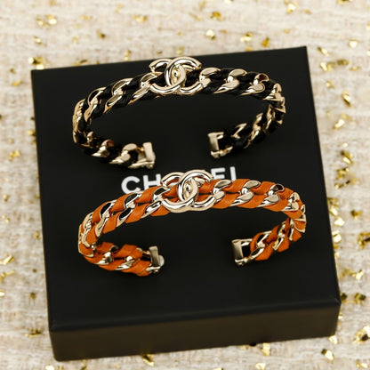CC Black & Orange Leather Cuff Gold Bracelet
