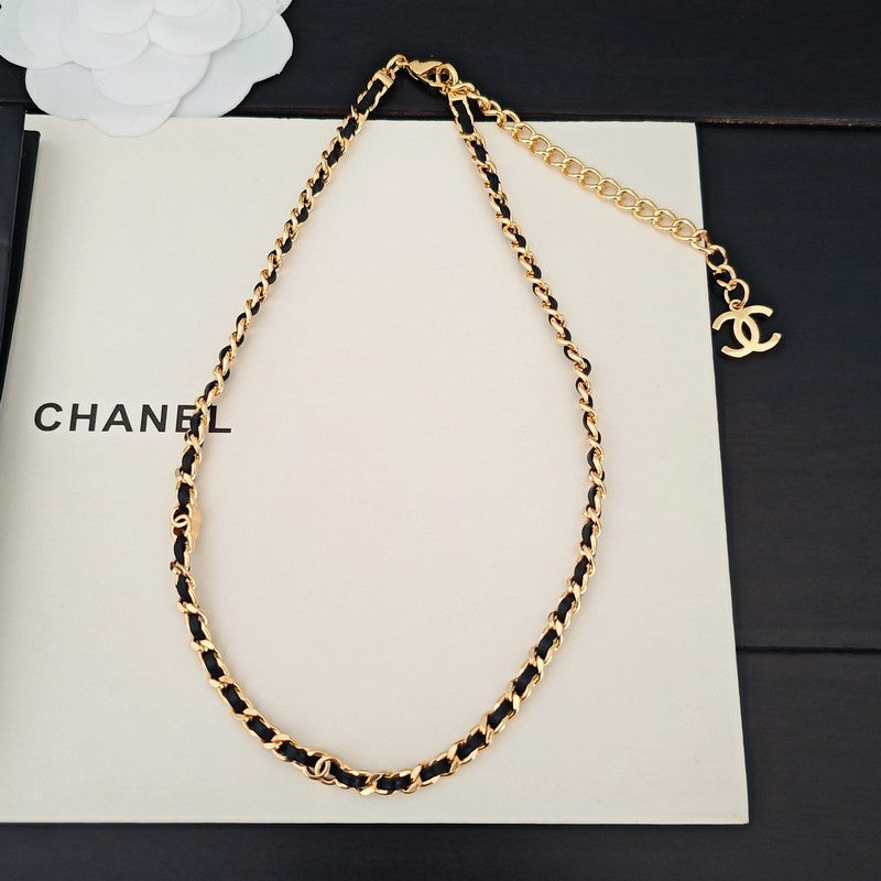 CC Black Leather Gold Chain Necklace