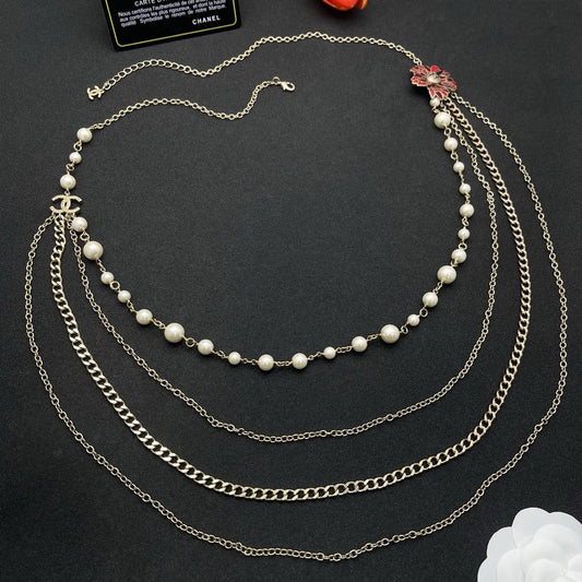 CC Red Flower Pearl Long Chain Necklace