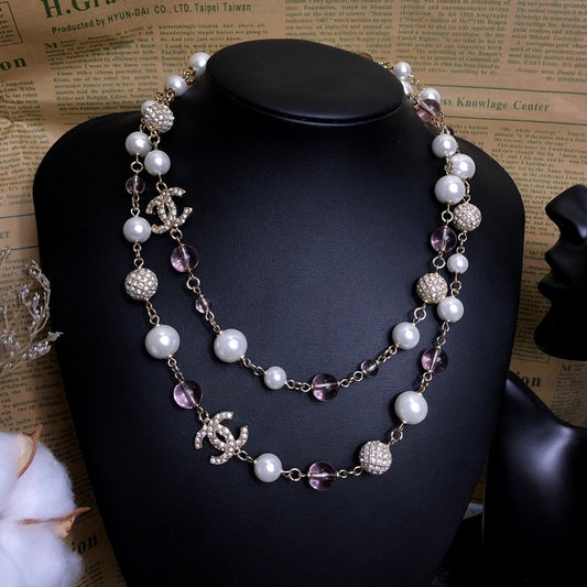 CC Pink Glass Pearl Long Necklace