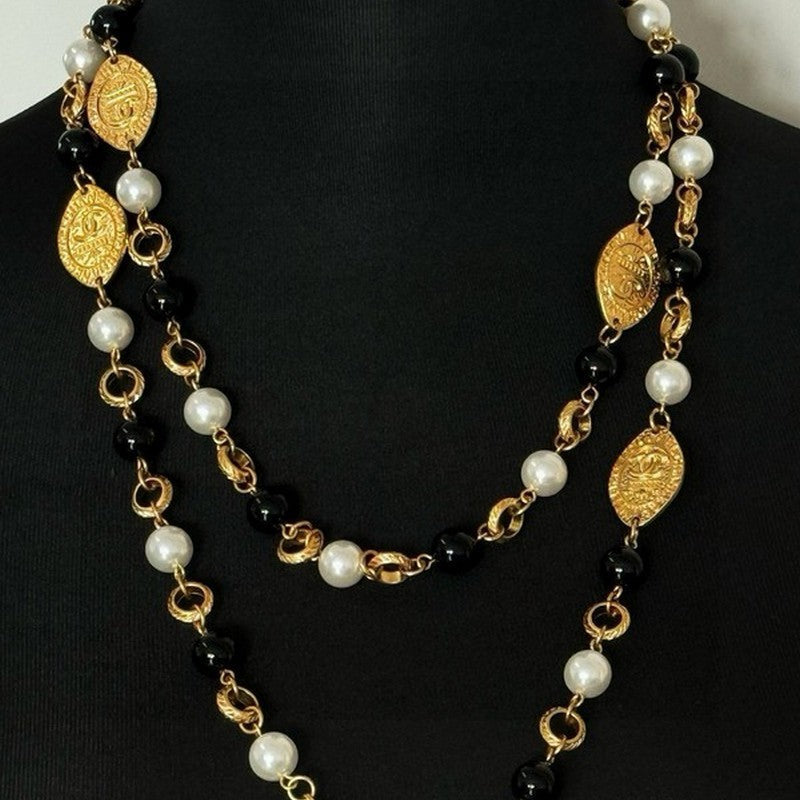 CC Long Black & White Pearls Necklace