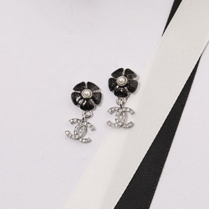 CC Black & Pink Camellia Diamond Earrings