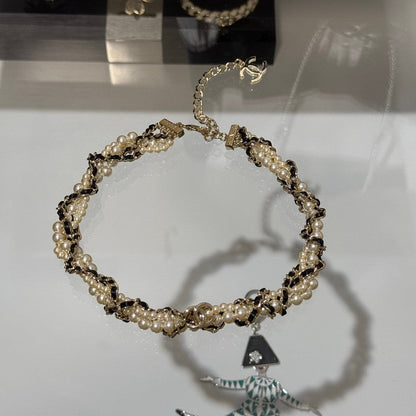 CC Pearl Leather Choker Necklace