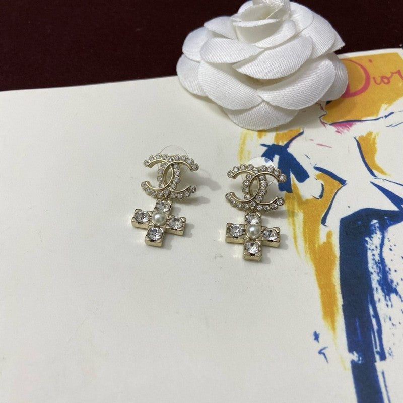 CC Cross Pearl & Diamond Earrings