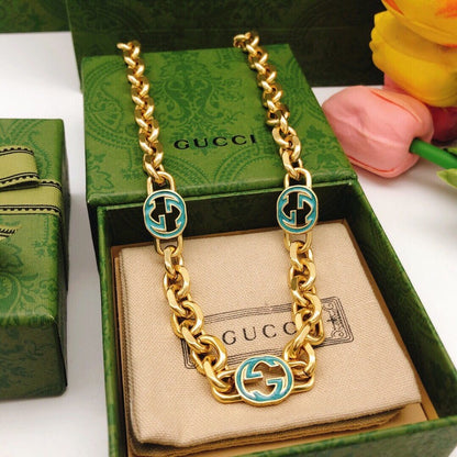 GG Interlocking G Sky Blue Gold Chain Necklace