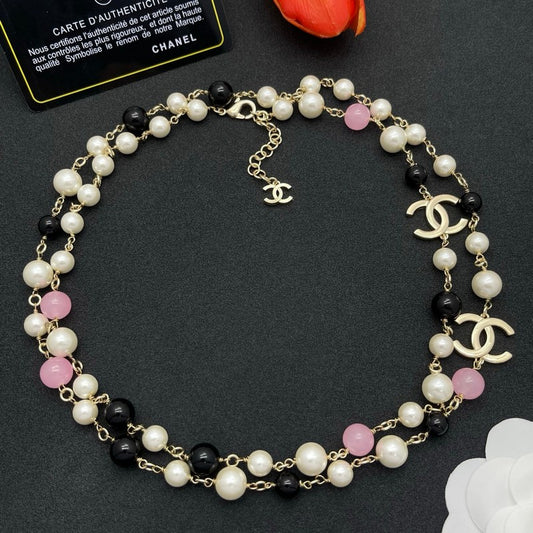 CC Black & Pink Bead Pearl Long Necklace