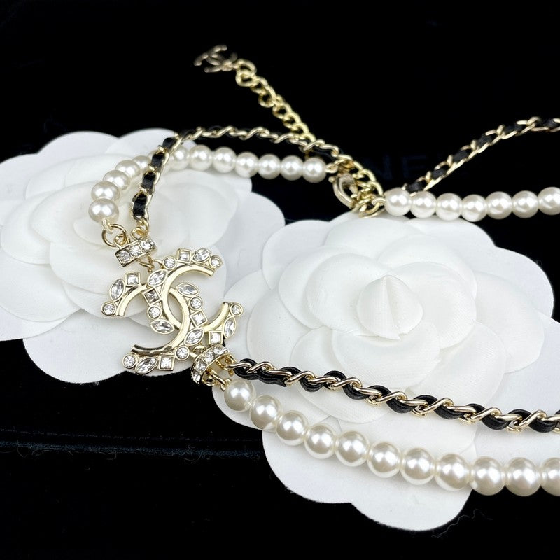CC Pearl Chain Leather Necklace