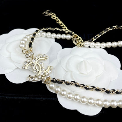 CC Pearl Chain Leather Necklace