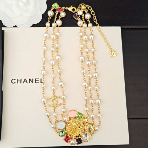 CC Pink Crystal Flower Gold Chain Necklace