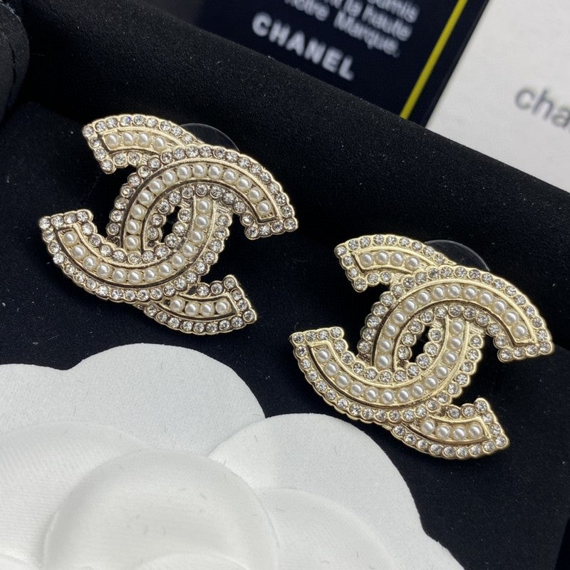 18K CC Pearl & Diamond Gold Earrings