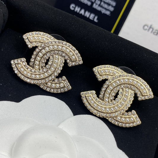 18K CC Pearl & Diamond Gold Earrings