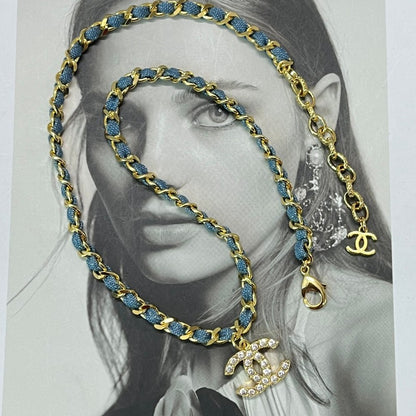 CC Sky Blye Leather Diamond Gold Necklace