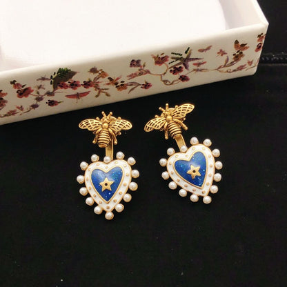 CD Bee Blue Heart Drop Earrings
