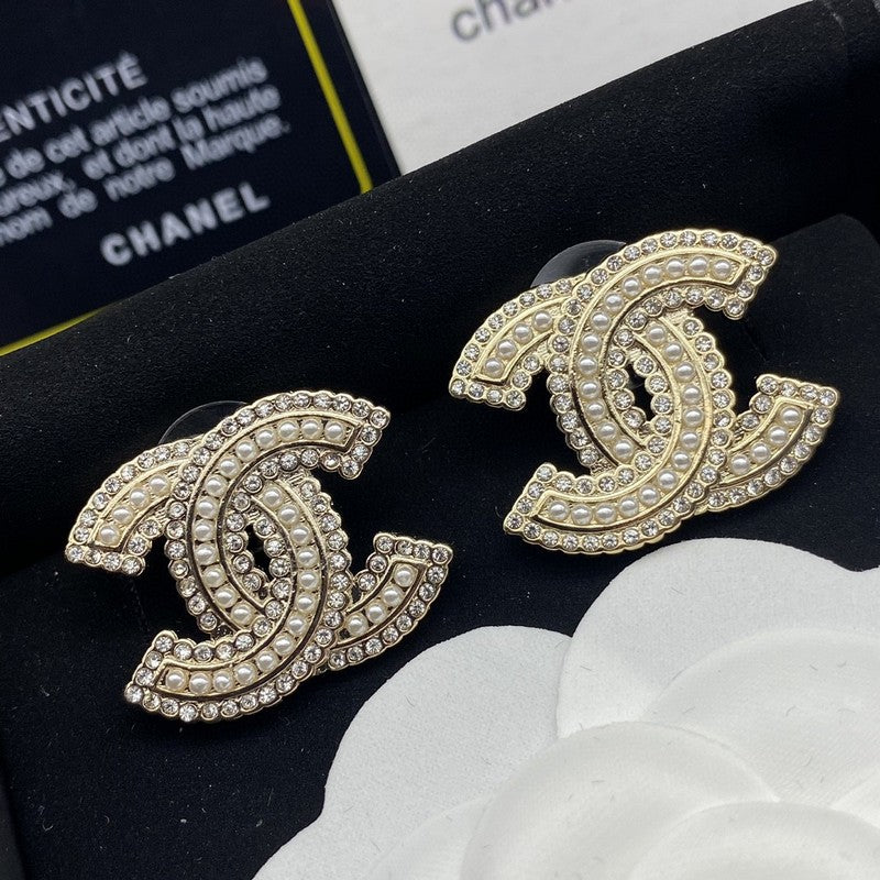 18K CC Pearl & Diamond Gold Earrings