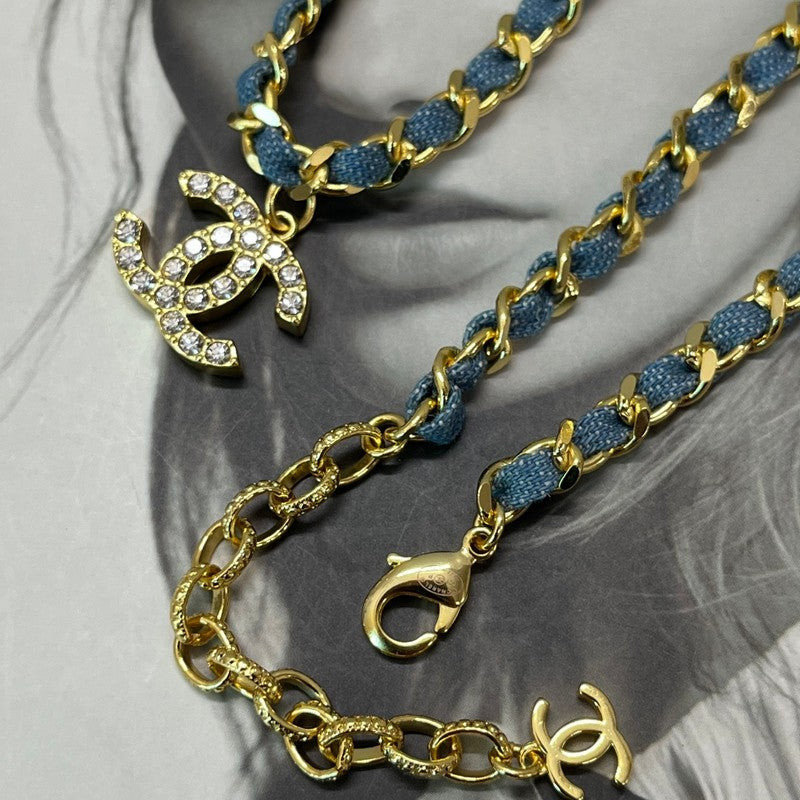 CC Sky Blye Leather Diamond Gold Necklace