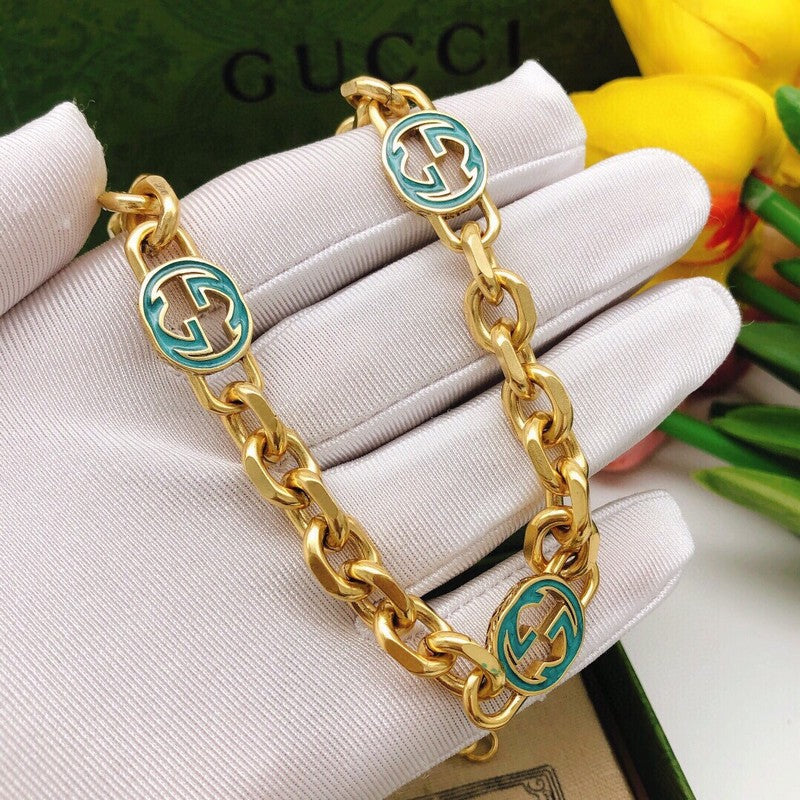 GG Interlocking G Sky Blue Gold Chain Necklace