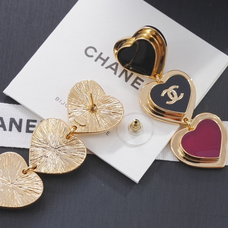 CC Black & Red Heart Gold Long Earrings