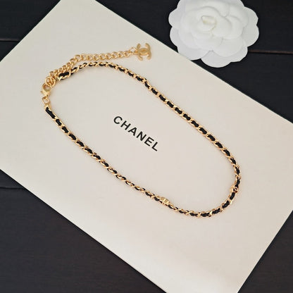 CC Black Leather Gold Chain Necklace