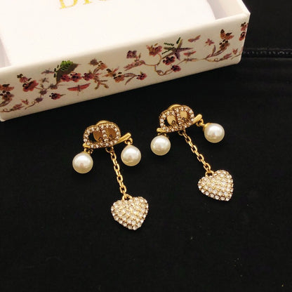 CD Diamond Heart Pearl Earrings