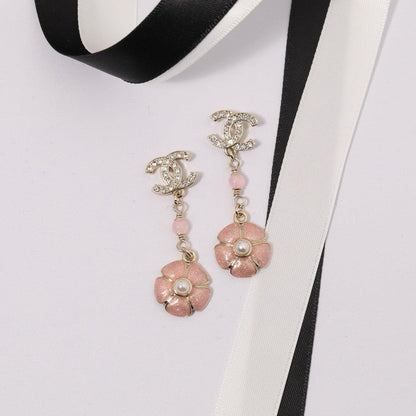 CC Black & Pink Camellia Diamond Long Earrings